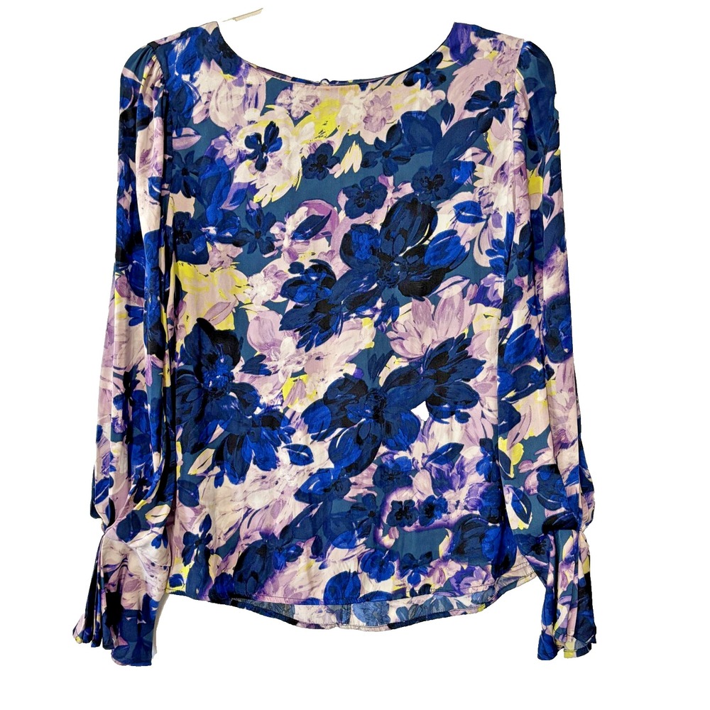 Adyson Parker Blouse Women's M Scoop Neck Tie Cuff‎ Long Sleeve Blue Floral Top